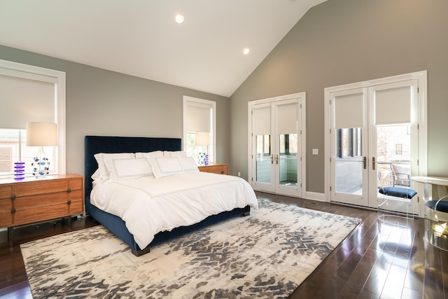 251 E Deshler Ave, Columbus, OH 43206 - bedroom featuring recessed lighting, access to exterior, french doors, dark wood-type flooring, and high vaulted ceiling