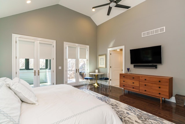 251 E Deshler Ave, Columbus, OH 43206 - bedroom with high vaulted ceiling, wood finished floors, french doors, access to outside, and visible vents