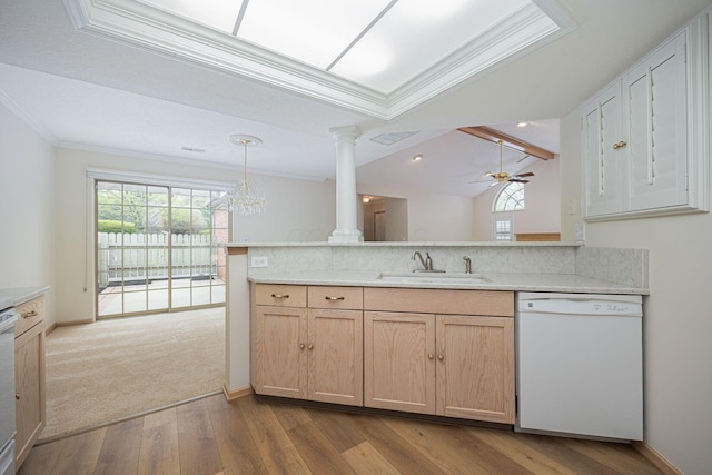 3870 Sandstone Cir, Powell, OH 43065 - kitchen featuring white dishwasher, a sink, decorative columns, and crown molding
