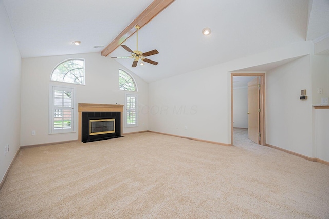 3870 Sandstone Cir, Powell, OH 43065 - unfurnished living room with beamed ceiling, a fireplace with flush hearth, carpet flooring, and a ceiling fan