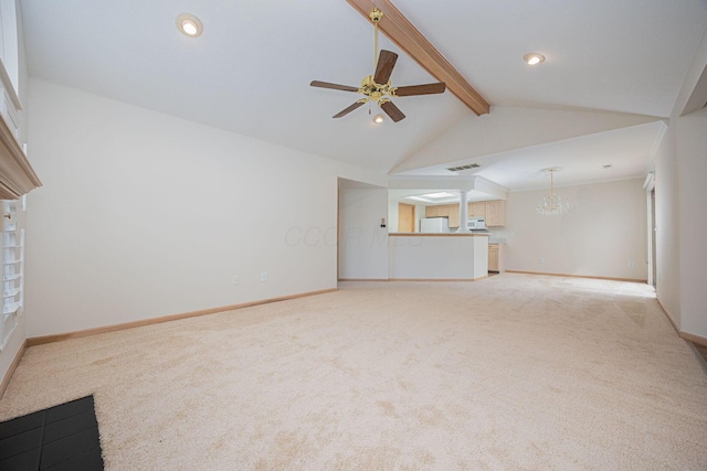 3870 Sandstone Cir, Powell, OH 43065 - unfurnished living room featuring lofted ceiling with beams, light carpet, baseboards, and ceiling fan with notable chandelier