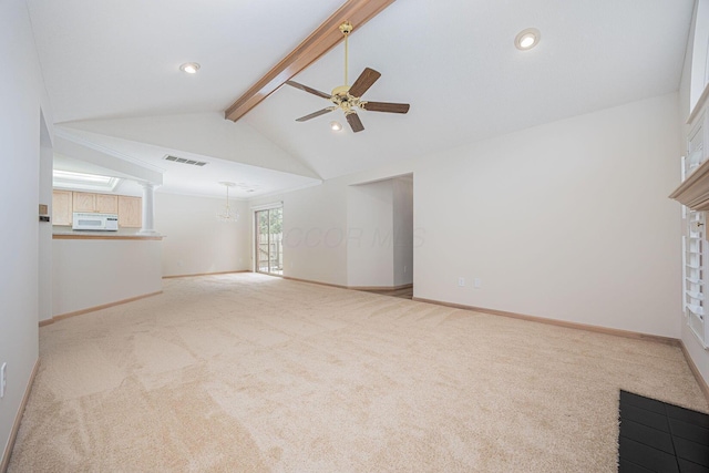3870 Sandstone Cir, Powell, OH 43065 - unfurnished living room with ceiling fan with notable chandelier, vaulted ceiling with beams, visible vents, and light colored carpet