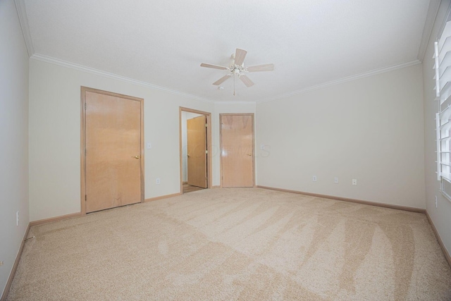 3870 Sandstone Cir, Powell, OH 43065 - unfurnished bedroom featuring ceiling fan, carpet floors, ornamental molding, and baseboards