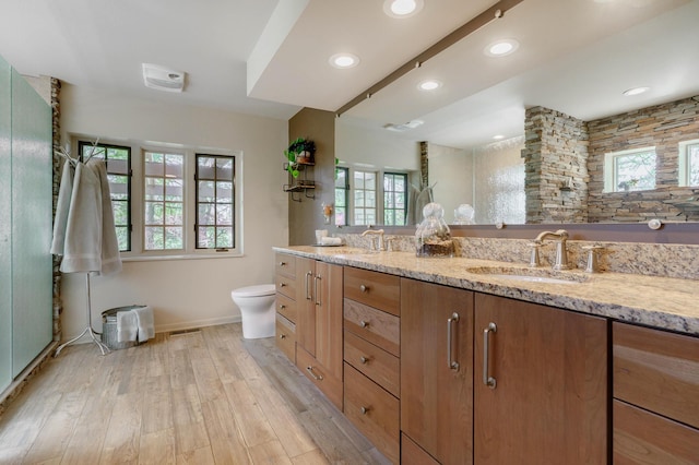 full bath featuring wood finished floors, toilet, baseboards, and a sink