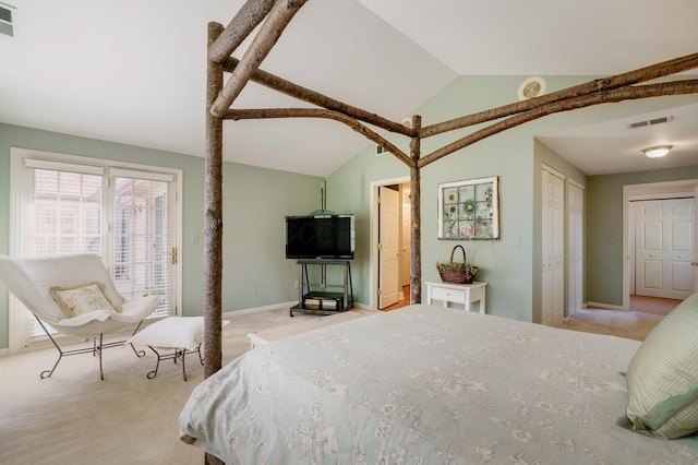 carpeted bedroom with baseboards, vaulted ceiling, visible vents, and access to outside