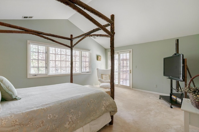 bedroom featuring lofted ceiling, carpet, visible vents, baseboards, and access to outside