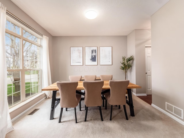 dining room with a wealth of natural light, visible vents, and carpet floors
