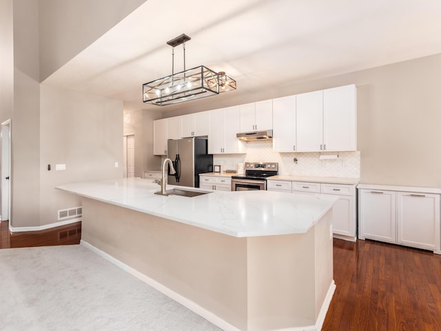 kitchen with white cabinets, a sink, appliances with stainless steel finishes, under cabinet range hood, and decorative backsplash