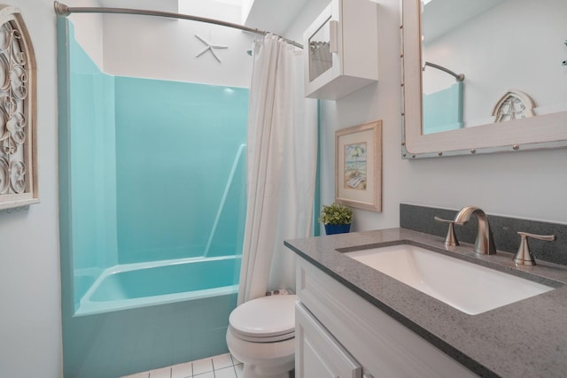 bathroom with toilet, tile patterned floors, shower / bath combination with curtain, and vanity