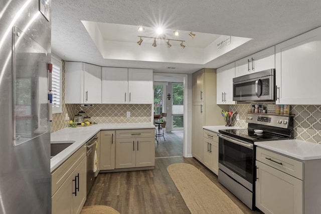 kitchen featuring appliances with stainless steel finishes, light countertops, dark wood finished floors, decorative backsplash, and a tray ceiling