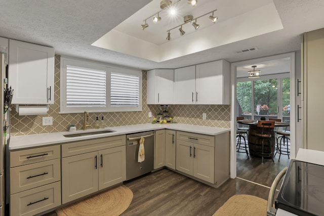 kitchen with stainless steel dishwasher, electric range, dark wood-type flooring, a raised ceiling, and a sink