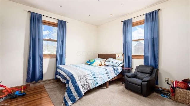 bedroom with multiple windows and wood finished floors