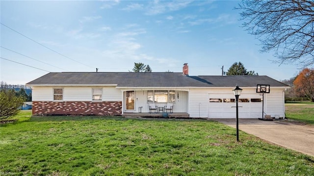 ranch-style house with driveway, a front yard, covered porch, and an attached garage