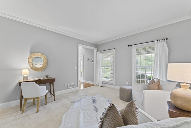 carpeted living room featuring crown molding, visible vents, and baseboards