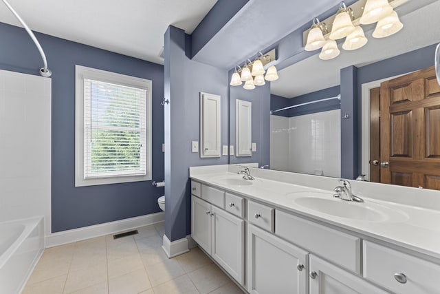 full bathroom featuring a sink, toilet, visible vents, tile patterned flooring, and baseboards