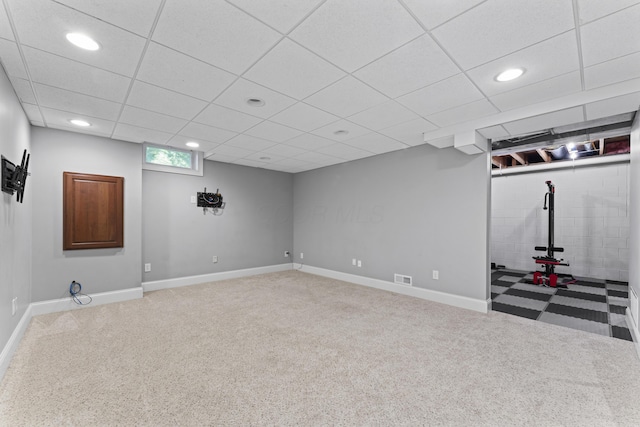 basement with carpet, visible vents, baseboards, and recessed lighting