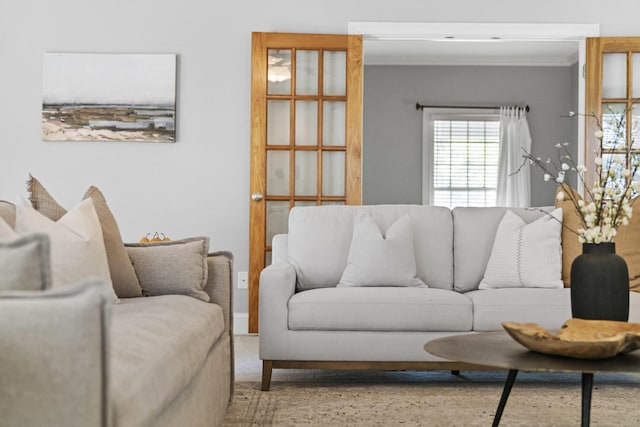 living area with crown molding
