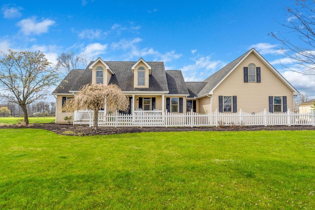 cape cod house featuring a shingled roof, a fenced front yard, and a front lawn
