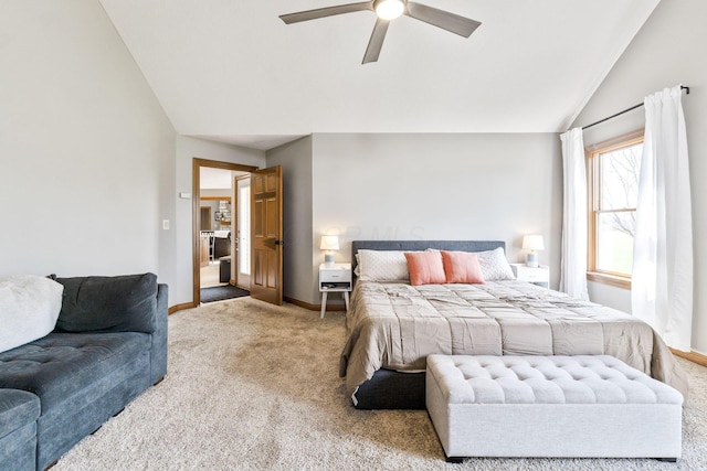 bedroom with ceiling fan, baseboards, vaulted ceiling, and carpet
