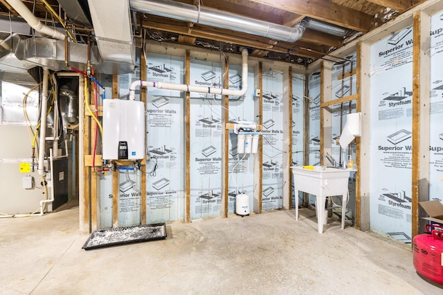 unfinished basement featuring heating unit and tankless water heater