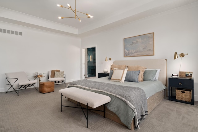 bedroom with ornamental molding, visible vents, carpet floors, a raised ceiling, and a notable chandelier