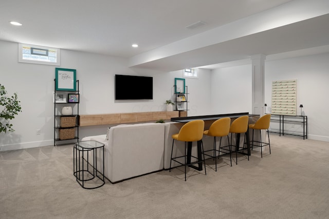 bar with light colored carpet, baseboards, visible vents, and recessed lighting