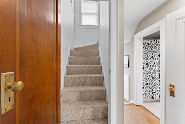 stairway featuring wood finished floors
