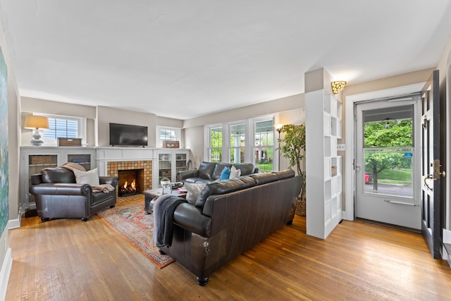 living room with wood finished floors, healthy amount of natural light, and a fireplace