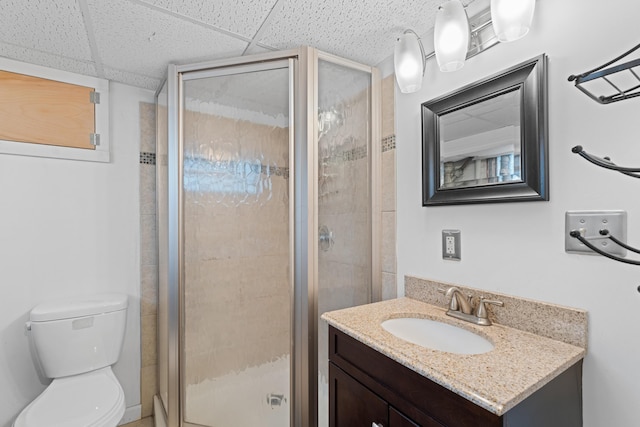 bathroom with a shower stall, toilet, vanity, and a paneled ceiling
