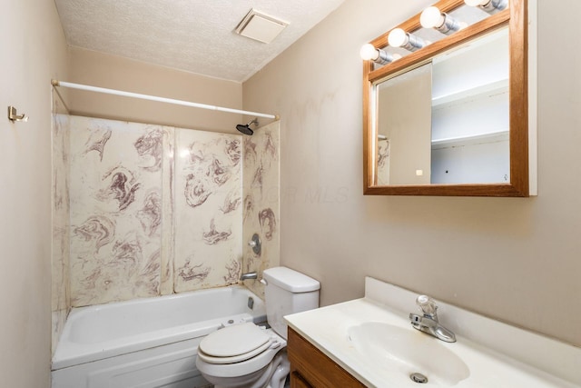 full bath with vanity, toilet, a textured ceiling, visible vents, and shower / bathtub combination