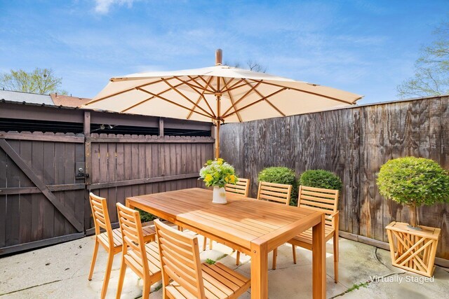 view of patio / terrace featuring a fenced backyard and outdoor dining area