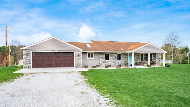 5456 Skyline Dr, Cambridge, OH 43725 - ranch-style house with driveway, a front yard, stone siding, a shingled roof, and a garage