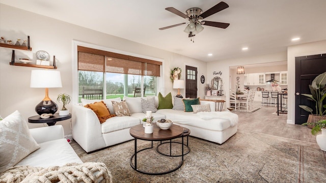 5456 Skyline Dr, Cambridge, OH 43725 - living area with wood finished floors, recessed lighting, and a ceiling fan