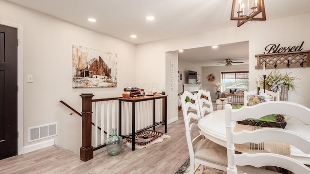 5456 Skyline Dr, Cambridge, OH 43725 - dining area featuring recessed lighting, ceiling fan, visible vents, and light wood-style floors
