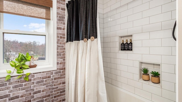 5456 Skyline Dr, Cambridge, OH 43725 - full bath featuring brick wall and shower / bathtub combination with curtain