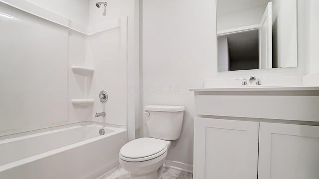 full bath with baseboards, bathtub / shower combination, toilet, and vanity