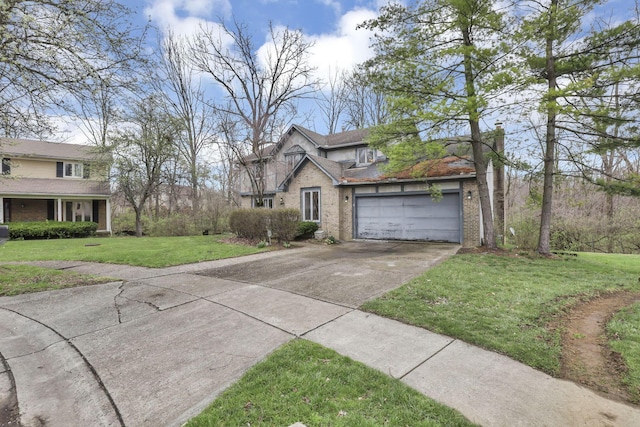 view of front facade featuring brick siding, driveway, an attached garage, and a front lawn