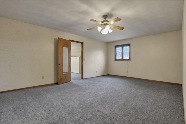 empty room with carpet, baseboards, and ceiling fan