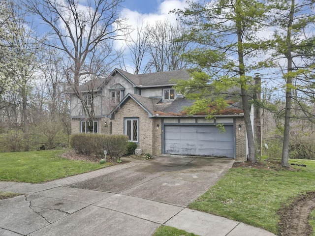 view of front facade featuring concrete driveway, a front lawn, brick siding, a garage, and a shingled roof
