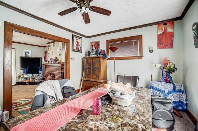 interior space with ornamental molding, a ceiling fan, carpet flooring, and a textured ceiling