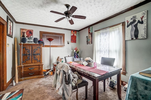 dining room with light carpet, a textured ceiling, and crown molding