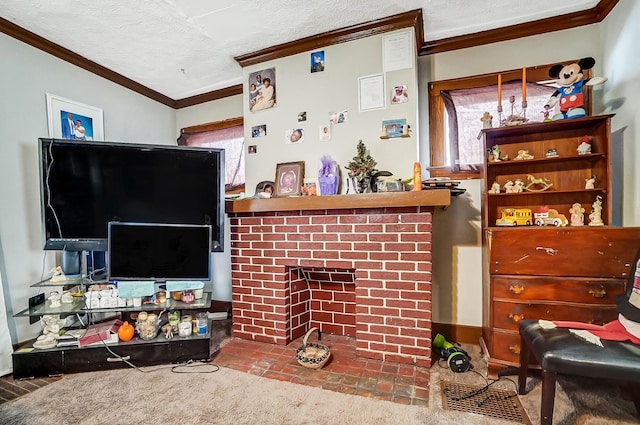 carpeted living area featuring crown molding, a fireplace, and a textured ceiling