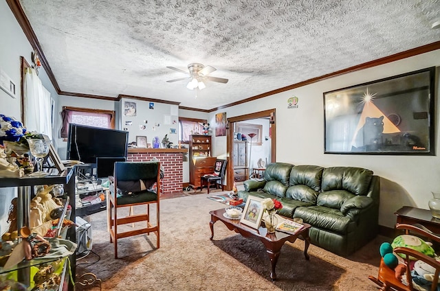living area with crown molding, carpet floors, ceiling fan, and a textured ceiling