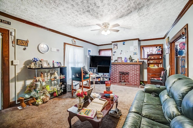 carpeted living room featuring a brick fireplace, a textured ceiling, ornamental molding, and ceiling fan