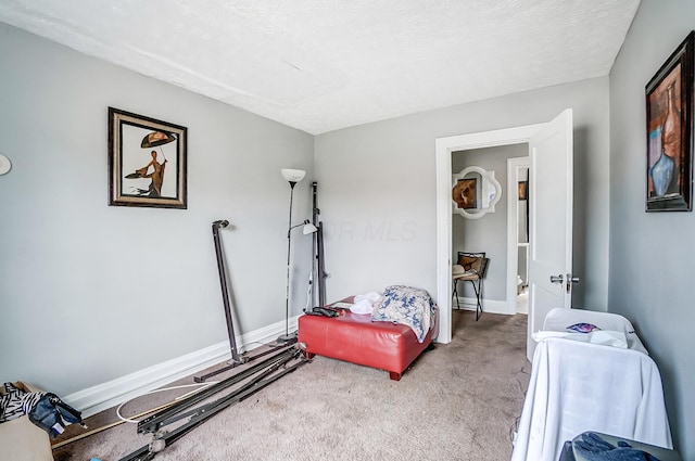 bedroom with carpet, baseboards, and a textured ceiling