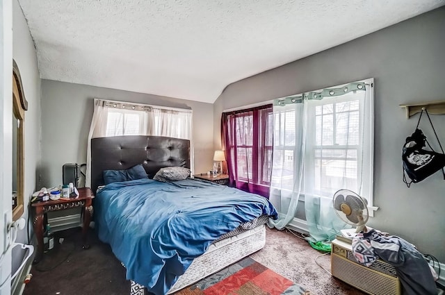 bedroom featuring a textured ceiling, multiple windows, vaulted ceiling, and carpet floors