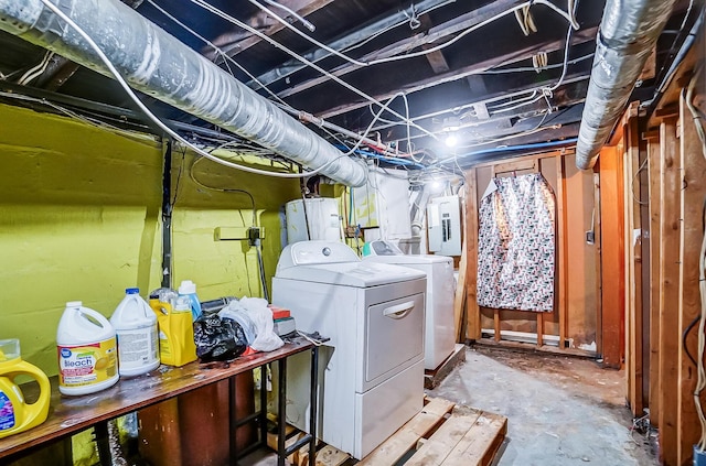 laundry room with water heater, washer and clothes dryer, and laundry area