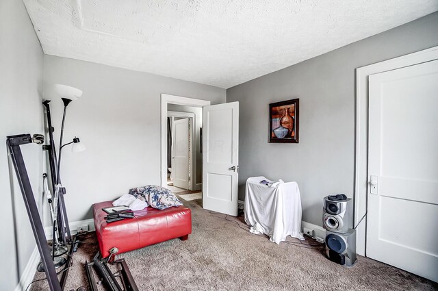 interior space featuring carpet floors, baseboards, and a textured ceiling