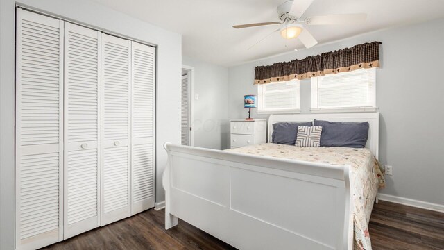bedroom with dark wood-type flooring, baseboards, and a closet