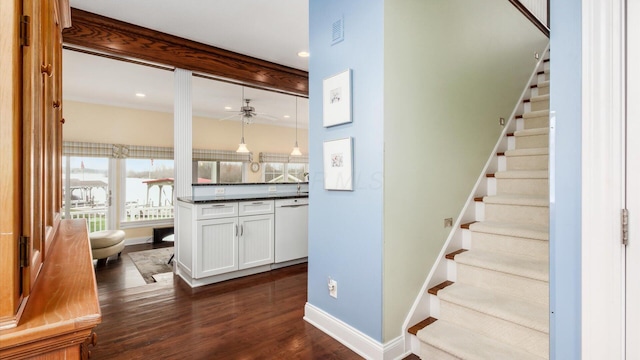 40 Beacon Light Ln, Buckeye Lake, OH 43008 - stairway featuring ceiling fan, beamed ceiling, recessed lighting, wood finished floors, and baseboards